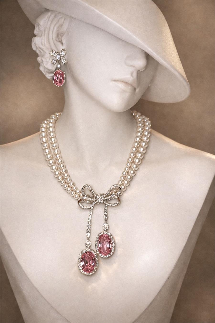 Joanne Fiyonk Detaylı İnci Kolye Pembe Taşlı – Vintage Lüks Statement Kolye-Küpe Set